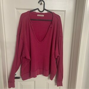 We The Free Fuchsia Pink Waffle Knit Sweatshirt Deep V-Neck Long Sleeve S